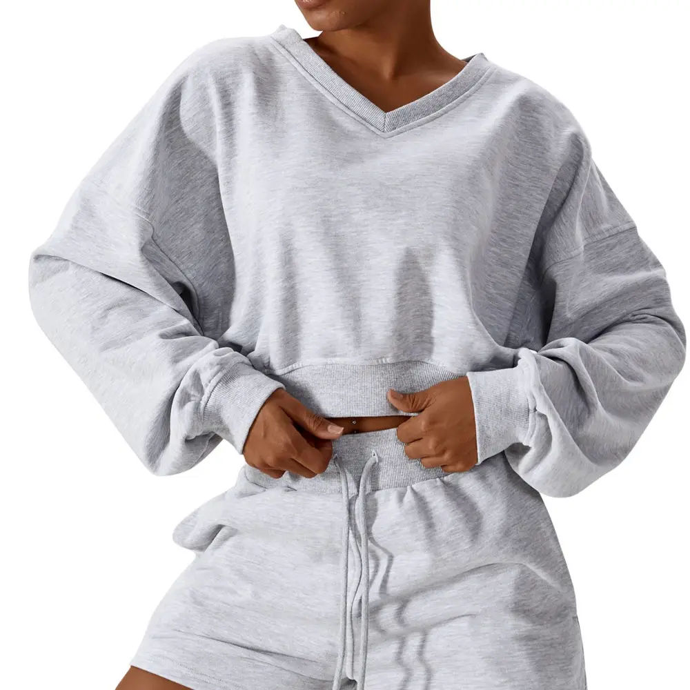 Women Long Sleeves Sweatshirt V Neck Keep Warm Casual Loose Fit Short Pullover Top for Outdoors Light Grey S