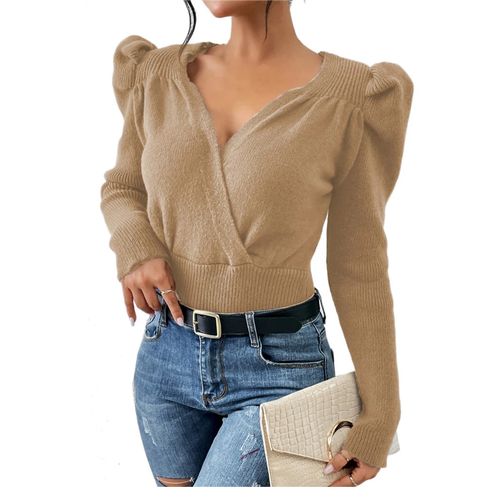 Wrap V Neckline Sweater Puff Sleeve Soft Plain Color Long Sleeve Sweater for Women Khaki L