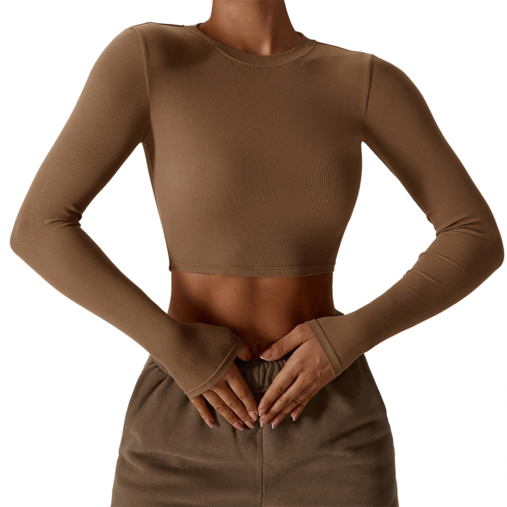 Long Sleeve Slim Yoga Top Short Navel Exposed Plain Color Slim Yoga Elastic Top for Running Sports Brown S