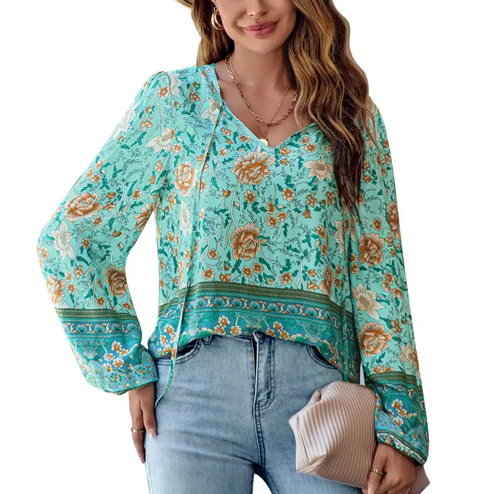 Women Puff Long Sleeve Blouse Floral Printed Tie V Neck Loose Fit Dressy Pullover Top Light Blue S