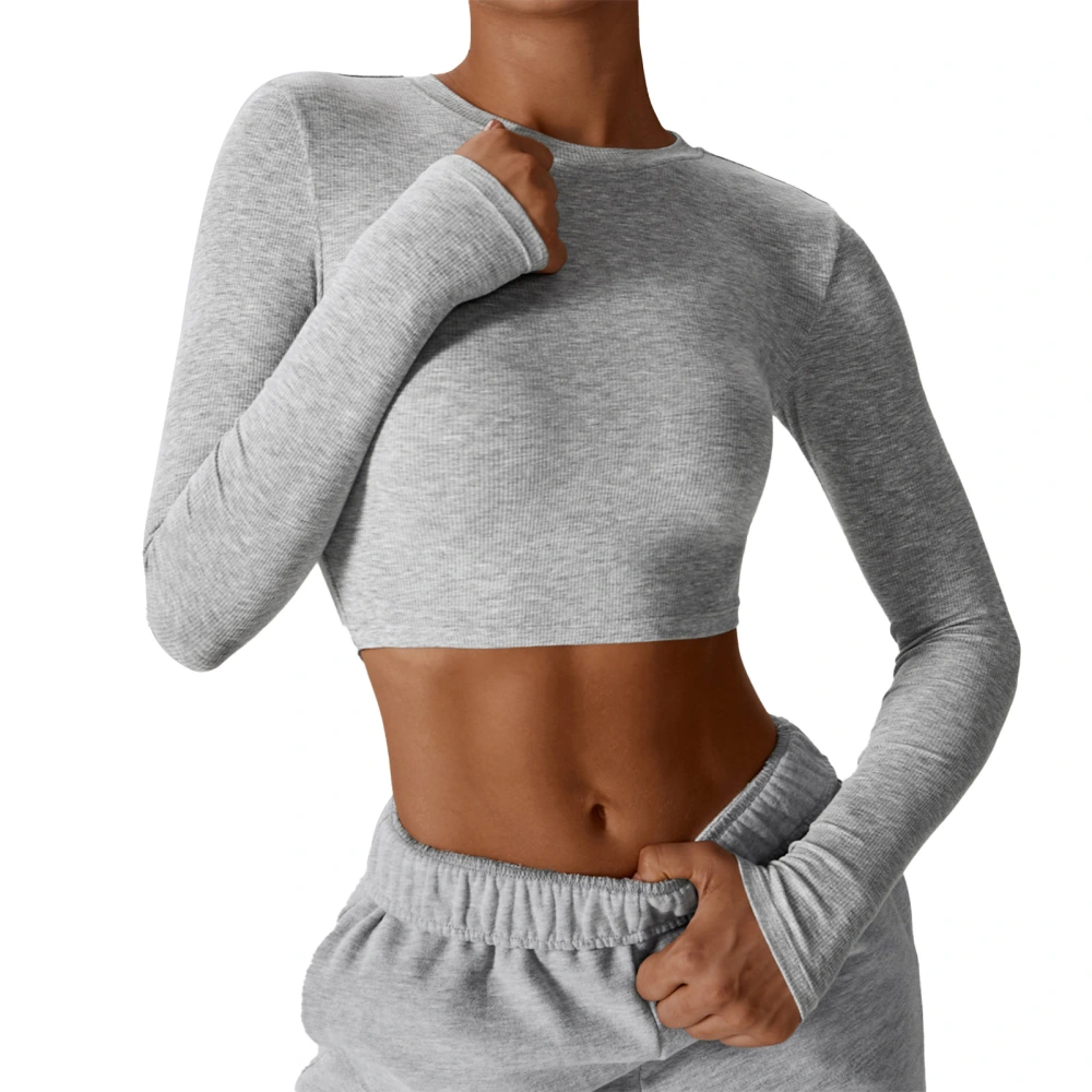 Long Sleeve Slim Yoga Top Short Navel Exposed Plain Color Slim Yoga Elastic Top for Running Sports Grey S