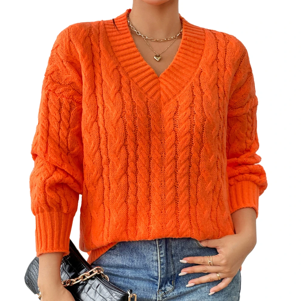 Women V Neck Sweater Cable Knit Long Sleeve Loose Fit Drop Shoulder Casual Fall Knit Top Orange Red S