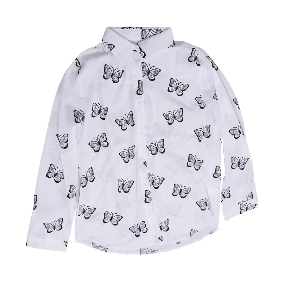 Women Shirt Fashion Butterfly Pattern Button Turn Down Collar Loose Long Sleeve Blouse White XL