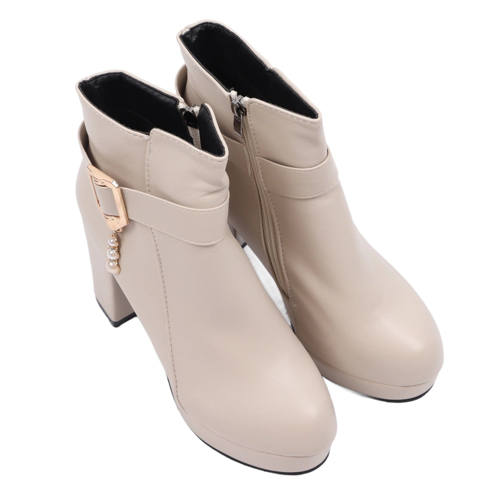 Women High Heels Plain Unique Stylish PU Comfortable High Heel Boots for Work Street Party Beige 37 Size