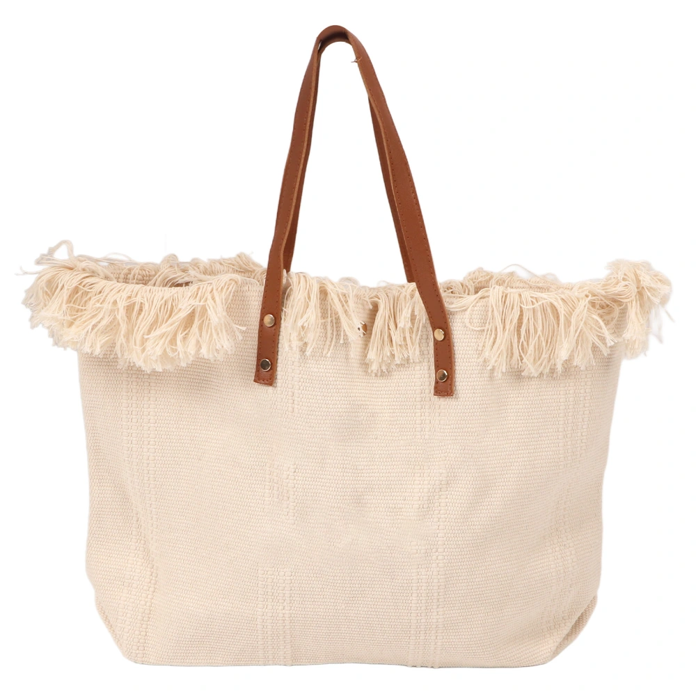 Women Cotton Shoulder Bag Tassels Top Handle Ample Space Letter Printed Cloth Handbag Beige Cotton