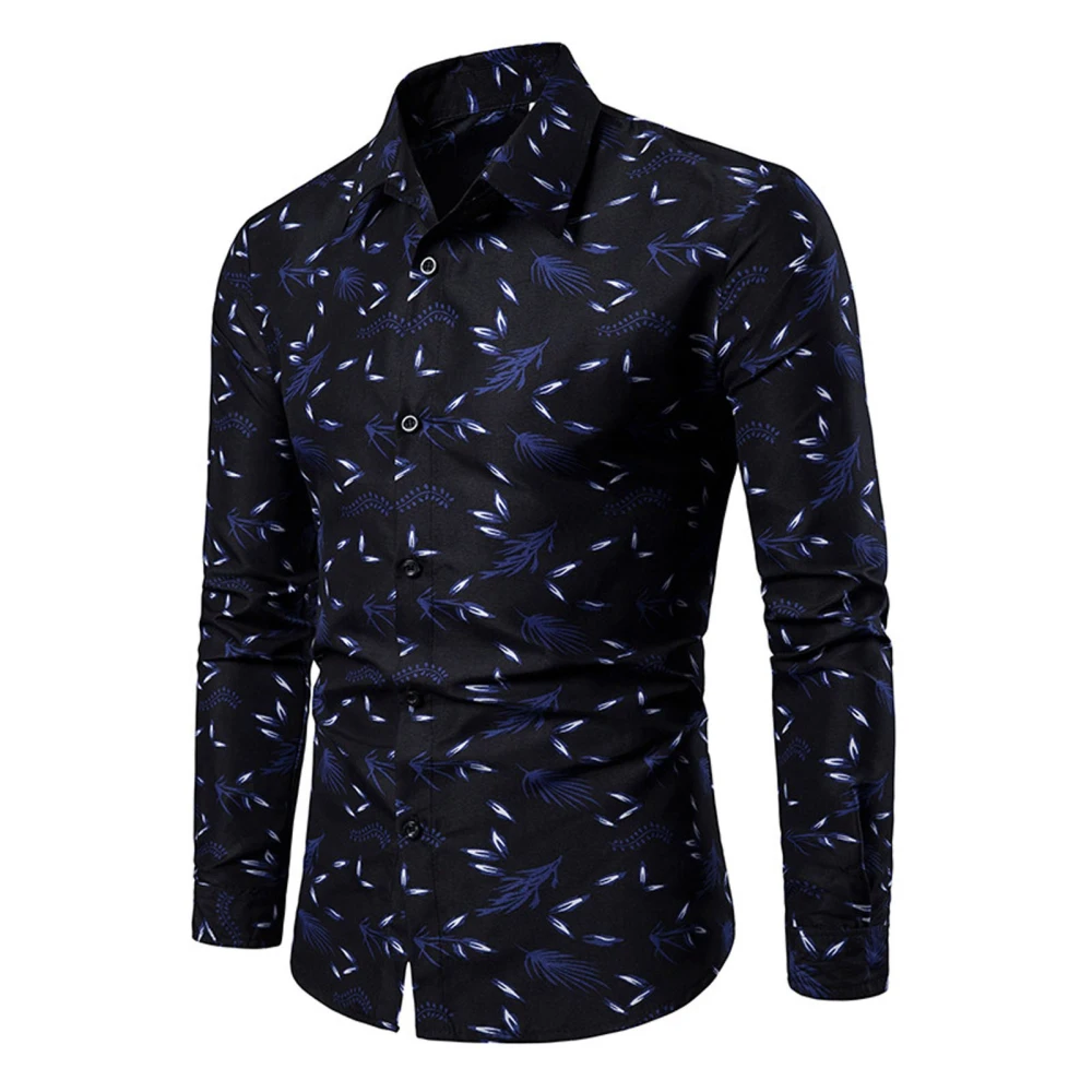 Man Long Sleeve Print Shirt Soft Button Up Comfortable Shirt Skin Friendly Lightweight Top Dark Blue 3XL