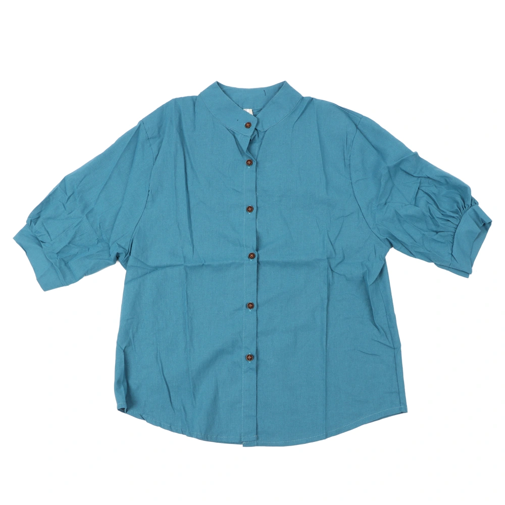 Women Linen Shirt 3/4 Lantern Sleeve Loose Fit Plain Color Vintage Casual Button Up Top Blue M