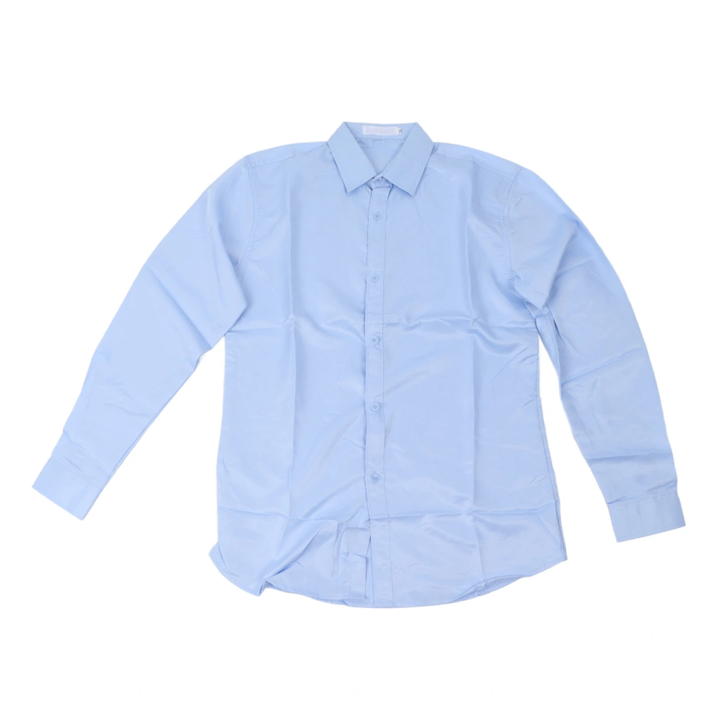 Man Pure Color Long Sleeve Dress Shirt Button Up Soft Cotton Breathable Skin Friendly Fashionable Top Light Blue XXL