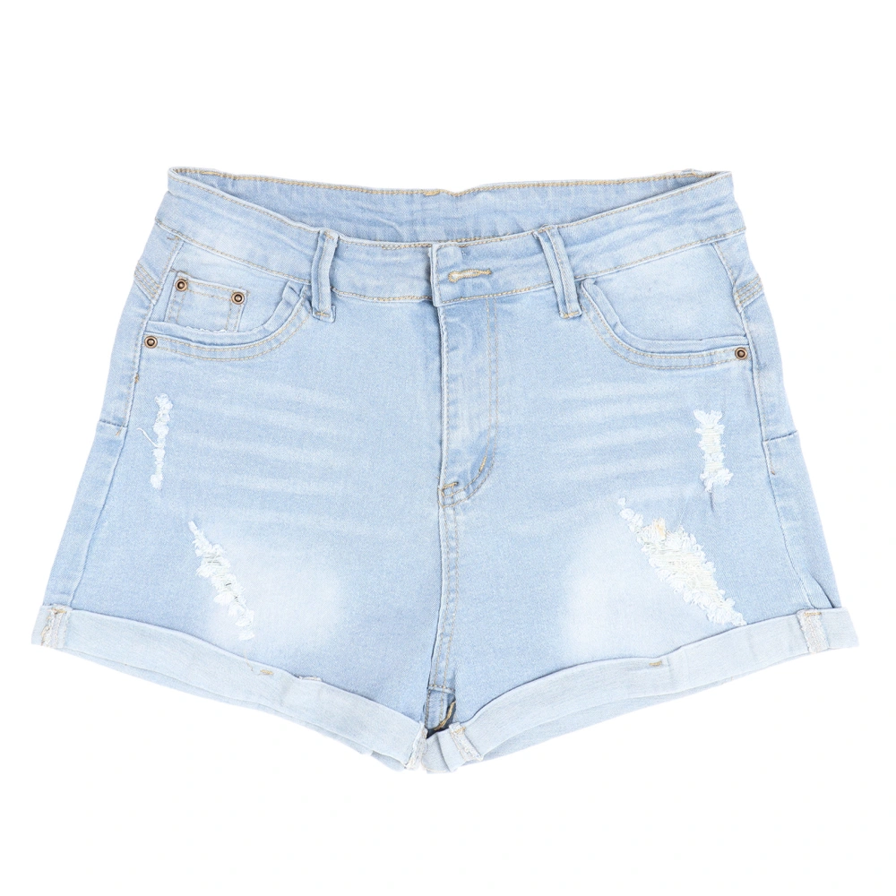 Slim Fitted Women Shorts Plain Color Hole Pocket Mid Waisted Straight Shorts for Summer Light Blue XL