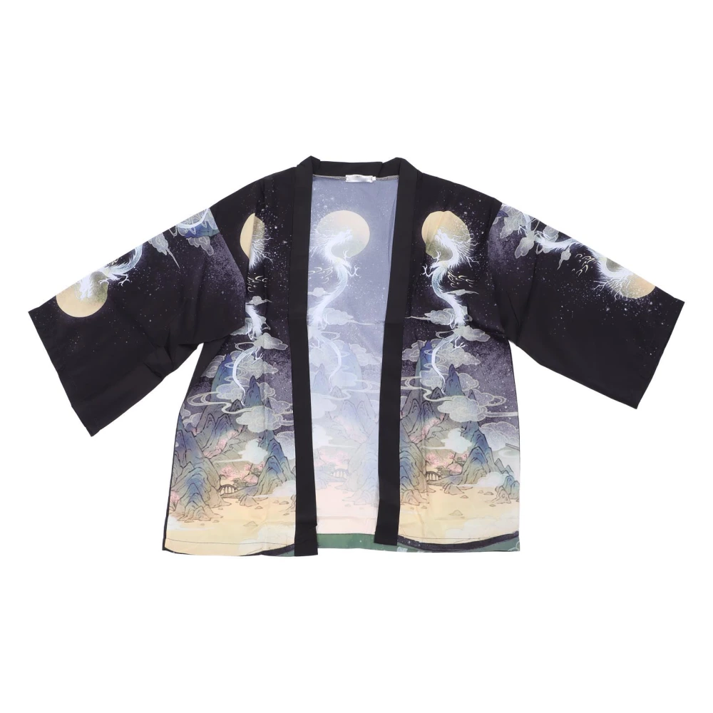 Women Short Robe Chinese Dragon Moon Printed Jacket with Three Quarter Sleeves for Cosplay Party Black 2XL