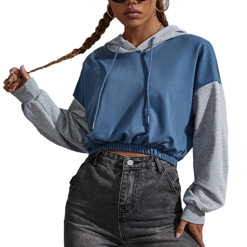 Women Long Sleeve Drawstring Hoodie Casual Fashionable Color Block Elastic Waist Short Sweatshirt Blue and Gray S