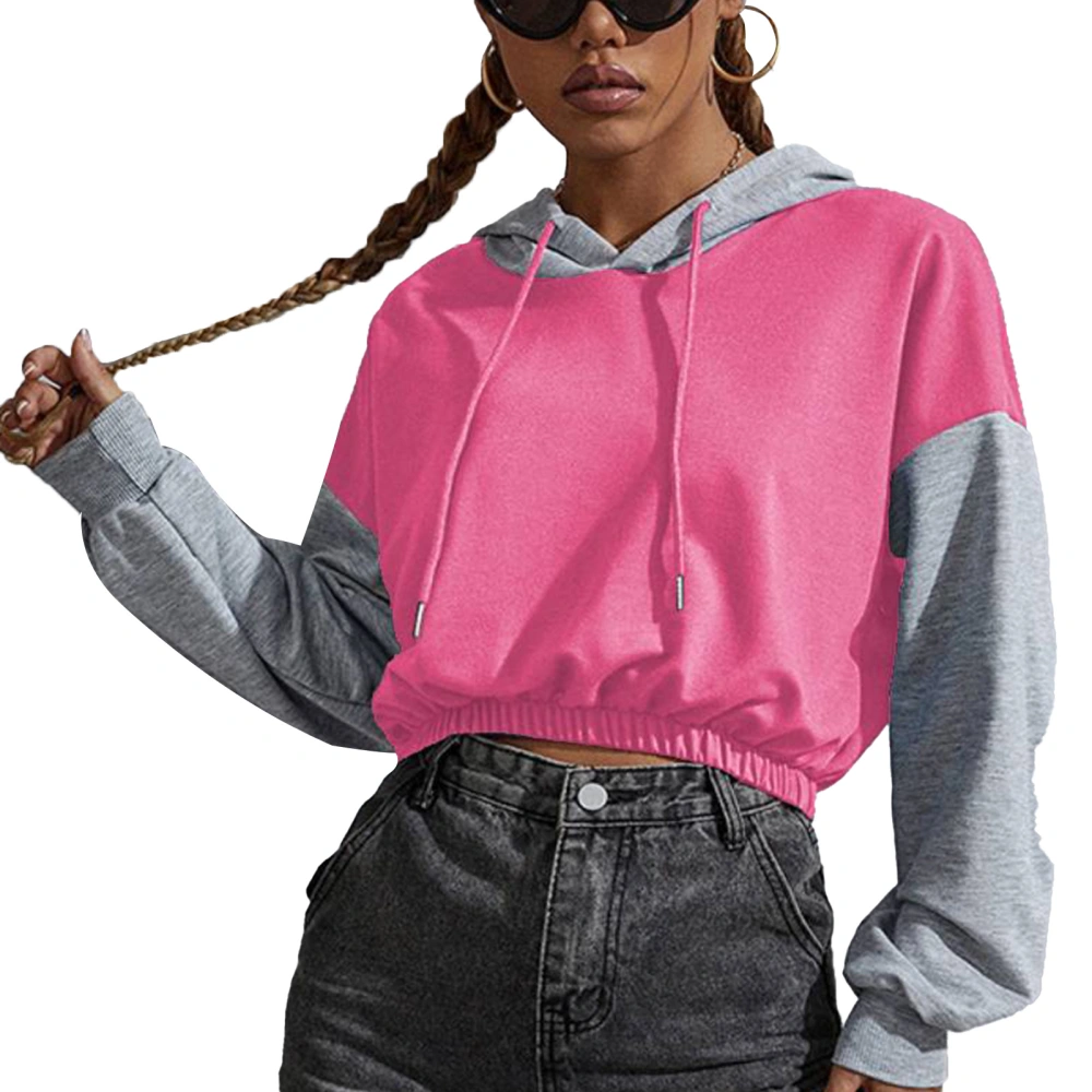 Women Long Sleeve Drawstring Hoodie Casual Fashionable Color Block Elastic Waist Short Sweatshirt Pink and Gray M