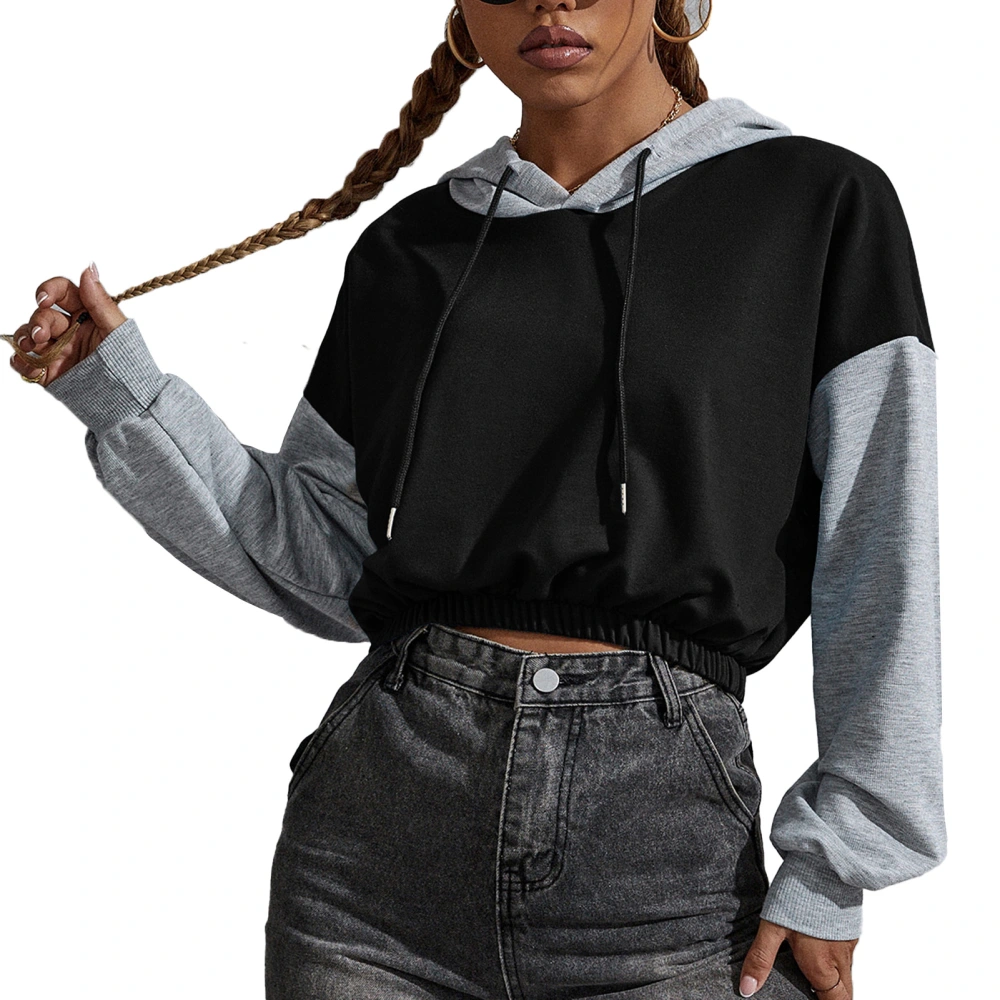 Women Long Sleeve Drawstring Hoodie Casual Fashionable Color Block Elastic Waist Short Sweatshirt Black and Gray S