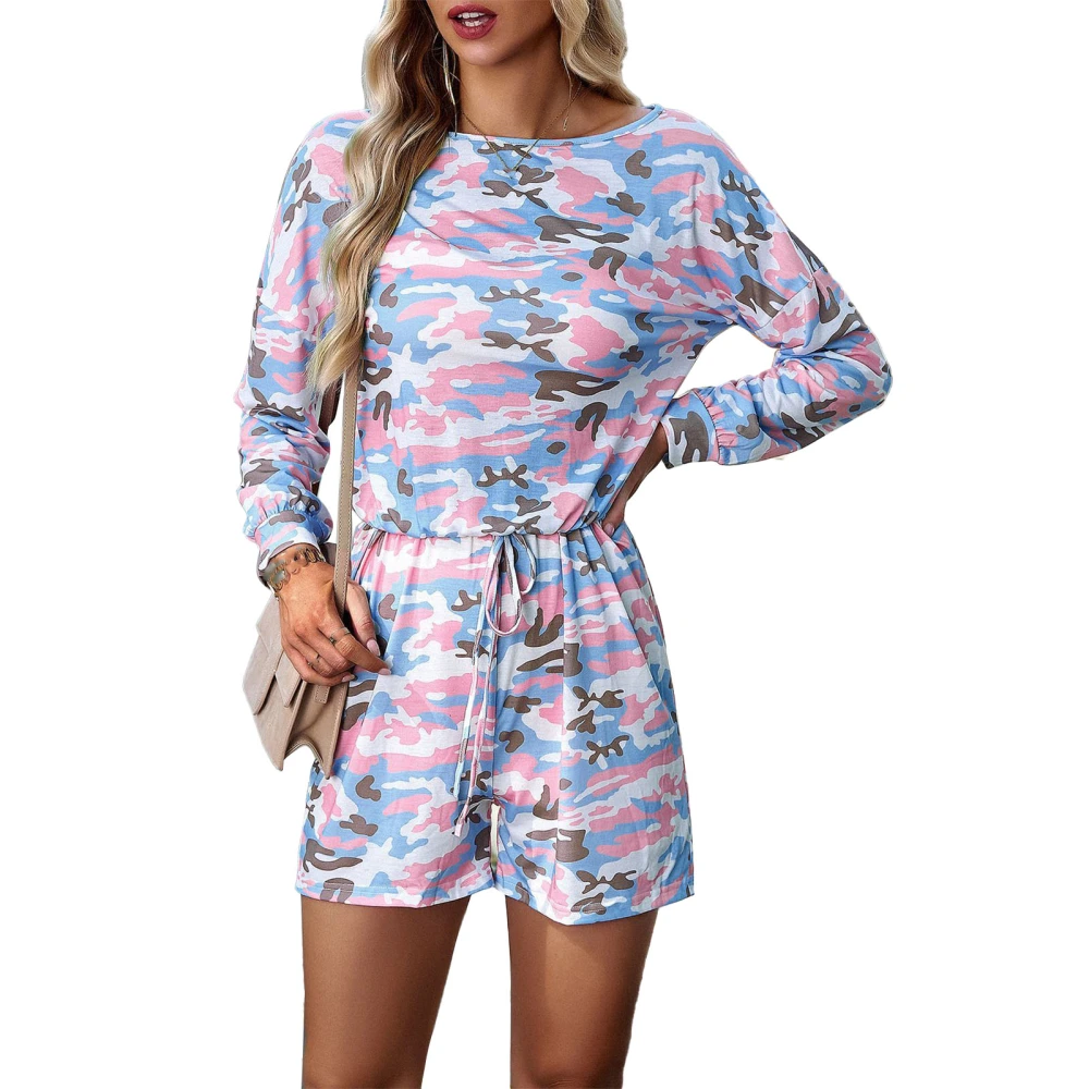 Women Printed Jumpsuit Long Sleeve Round Neck Casual Fitted Drawstring Elastic Waisted Printed Jumpsuit for Daily Life M Pink