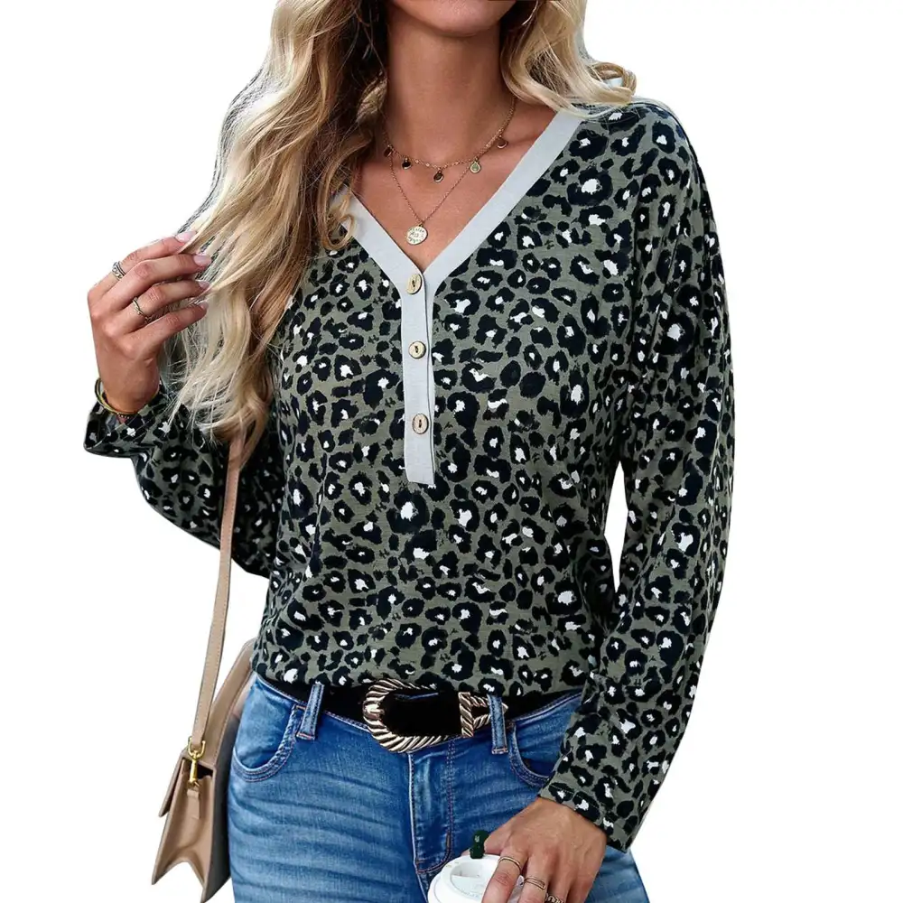 V Neckline Leopard Blouse Long Sleeve Fashionable Leopard Printed Knitted Blouse for Daily Life Green XL