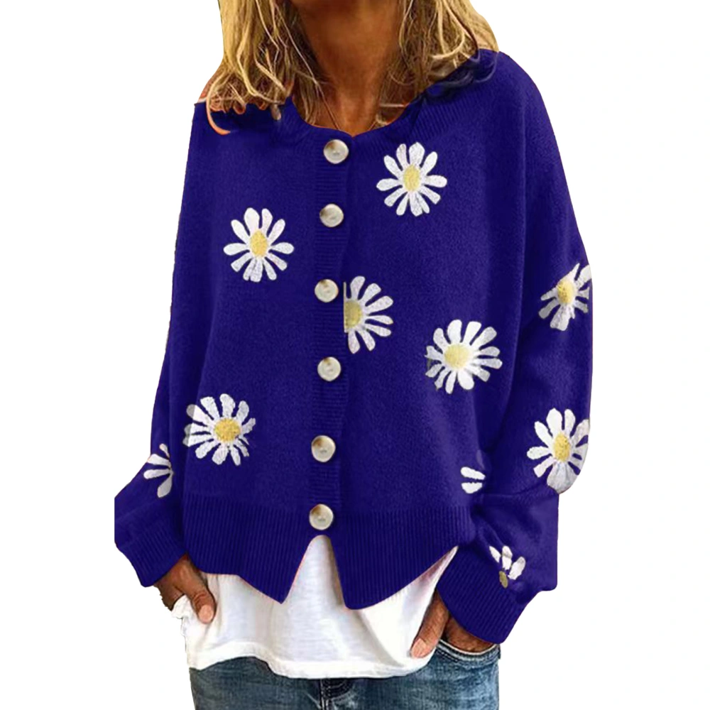 Women Knit Sweater Daisy Pattern Button Trim Round Neck Loose Fitting Pullover Sweater Dark Blue L