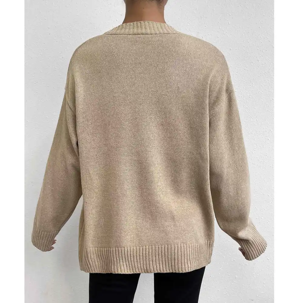 Knit Sweater Button Front Drop Shoulder Long Sleeve V Neck Loose Casual Fashionable Outerwear Coat for Party Shopping Khaki L