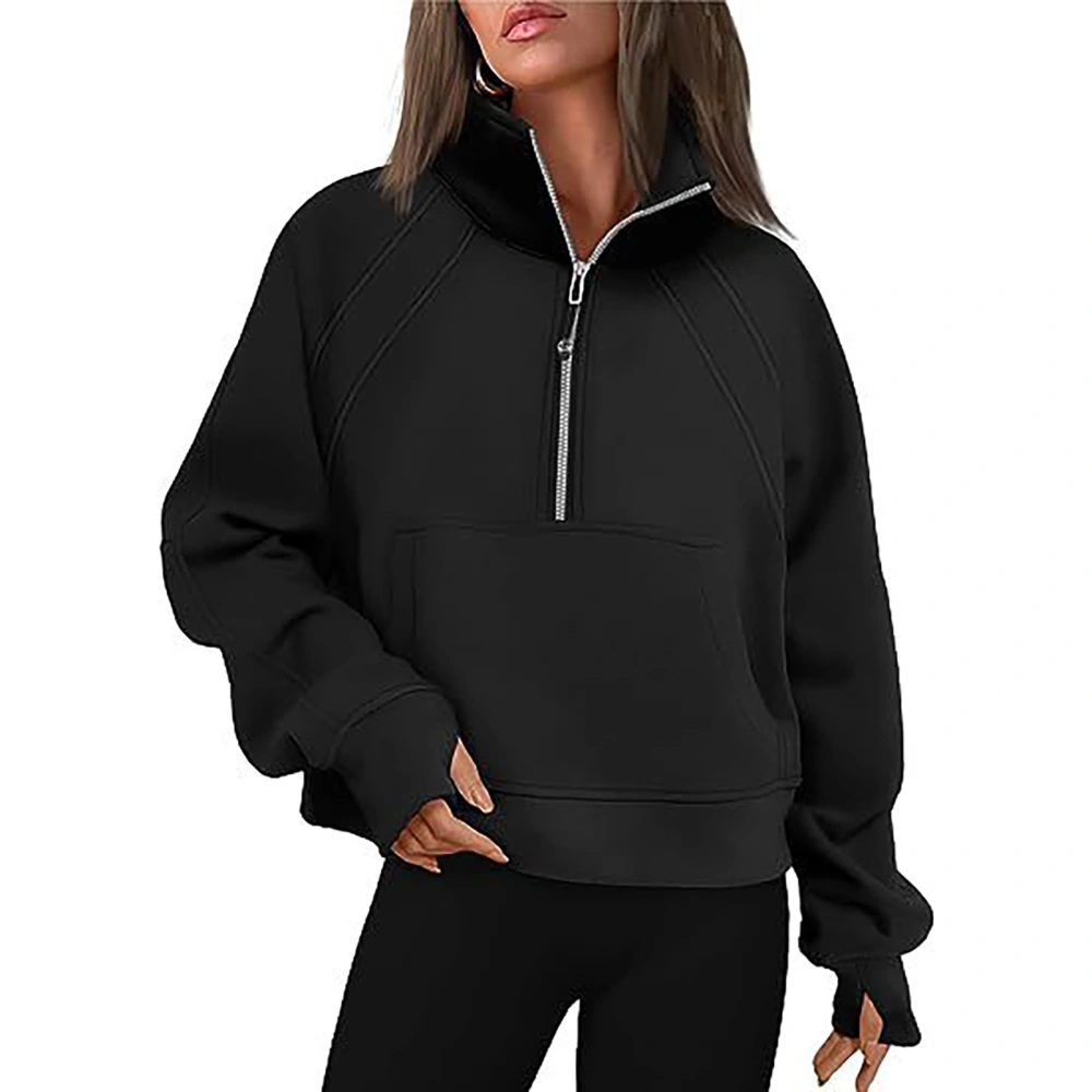 Women Long Sleeves Fleece Sweatshirt Stand Collar Half Zip Up Large Front Pocket Casual Short Pullover Top Black L