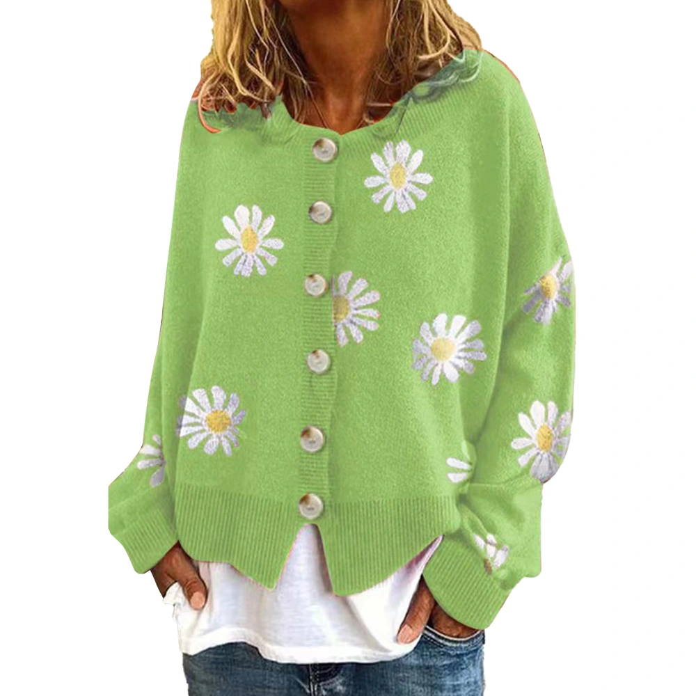 Women Knit Sweater Daisy Pattern Button Trim Round Neck Loose Fitting Pullover Sweater Fluorescent Green XL