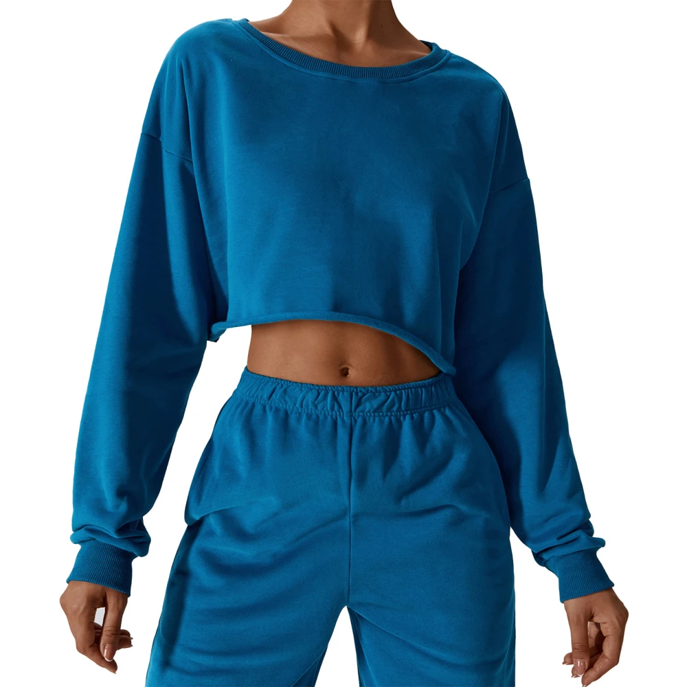 Women Fleece Sweatshirt Crew Neck Long Sleeve Loose Fit Navel Exposed Pullover Fall Top Peacock Blue S