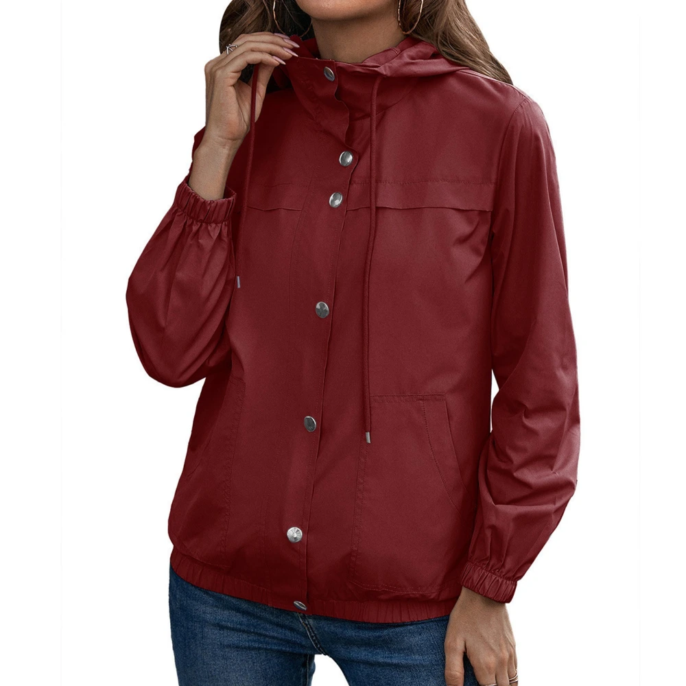 Women Hooded Full Zip Jacket Drawstring Long Sleeve Button Up Casual Full Zip Outerwear Wine Red L