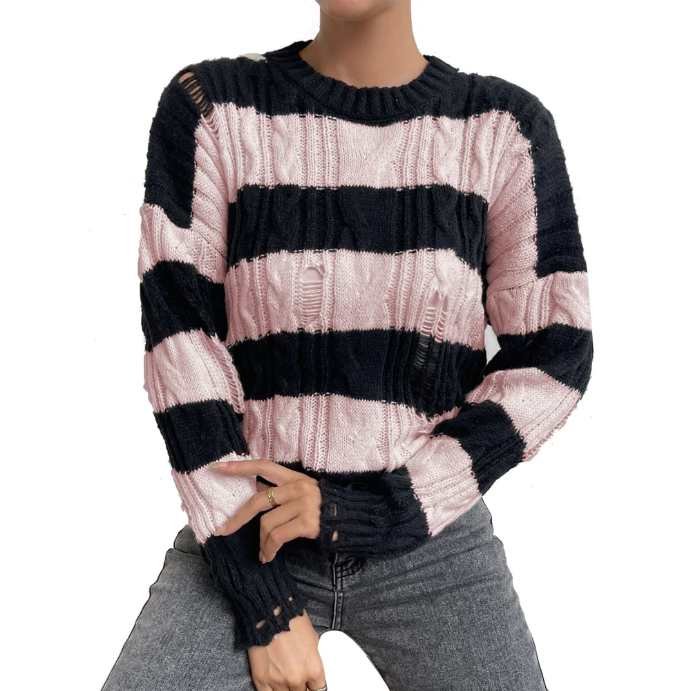 Women Distressed Striped Sweater Long Sleeve Drop Shoulder Color Blocking Pullover Fall Knit Top Pink S