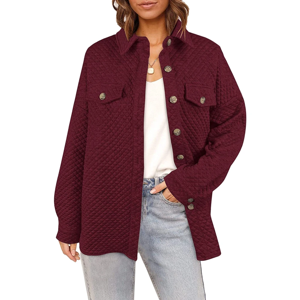 Women Shirt Jacket Turn Down Collar Single Breasted Loose Fitting Casual Long Sleeve Coat Wine Red XL