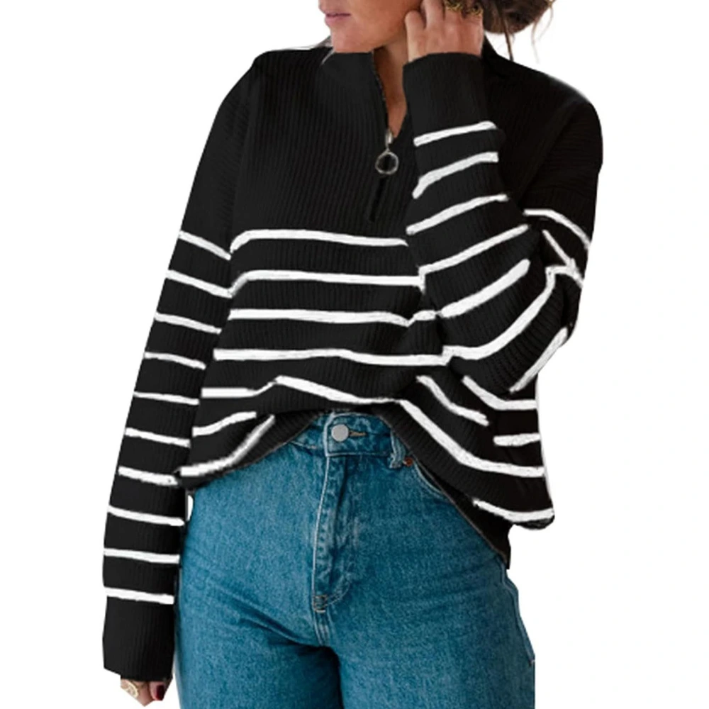 Women Striped Sweater Half Zip Up Stand Colar Long Sleeves Loose Fitting Casual Knitted Top Black S