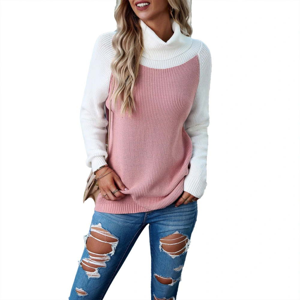 High Neck Color Block Sweater Long Sleeve Soft Casual Fitted Sweater Top for Women Pink S