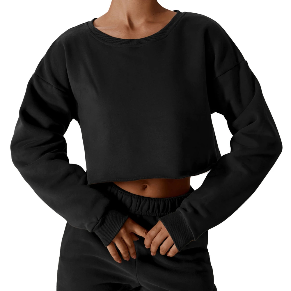 Women Fleece Sweatshirt Crew Neck Long Sleeve Loose Fit Navel Exposed Pullover Fall Top Black L