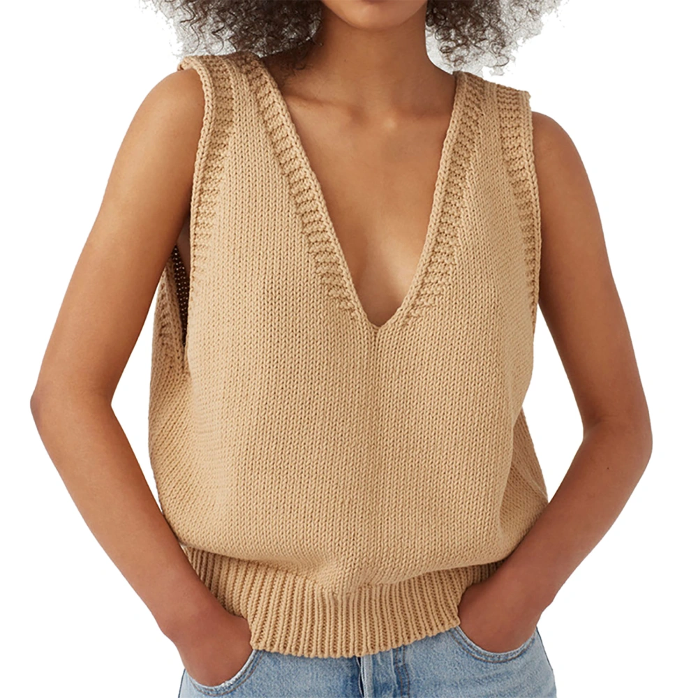 Women Sleeveless Knitted Top Deep V Neck Loose Fit Casual Plain Color Pullover Tank Top Khaki S