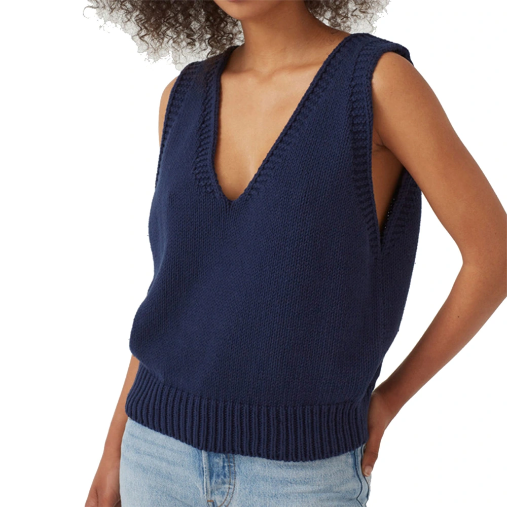 Women Sleeveless Knitted Top Deep V Neck Loose Fit Casual Plain Color Pullover Tank Top Dark Blue M