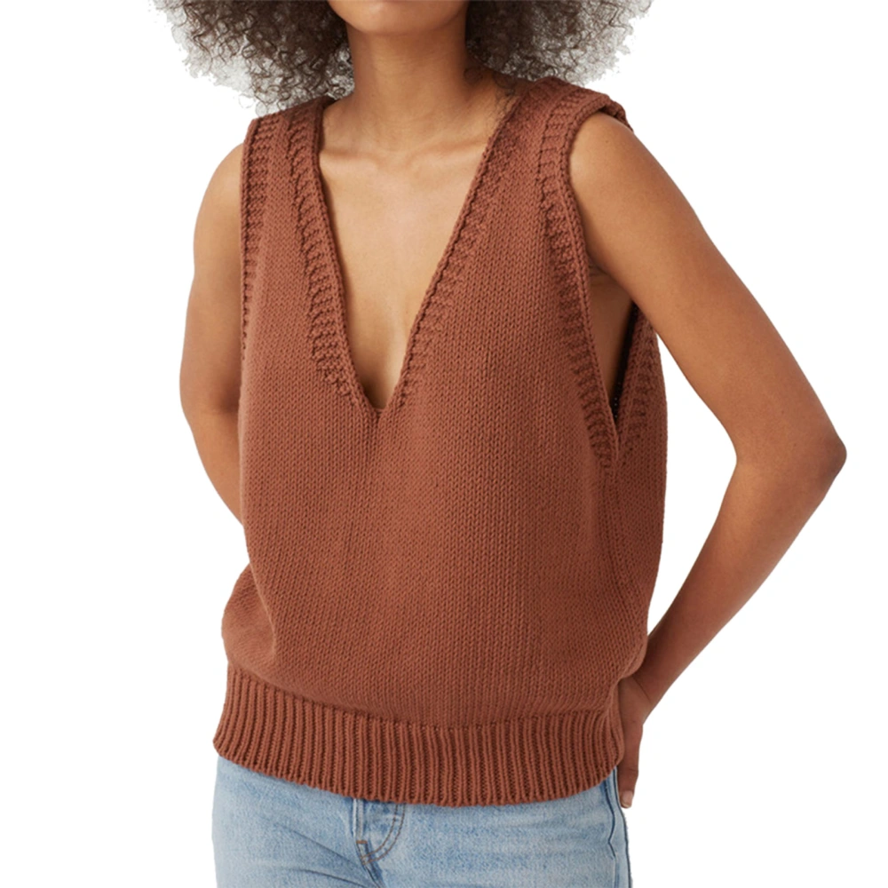 Women Sleeveless Knitted Top Deep V Neck Loose Fit Casual Plain Color Pullover Tank Top Caramel Colour XXL