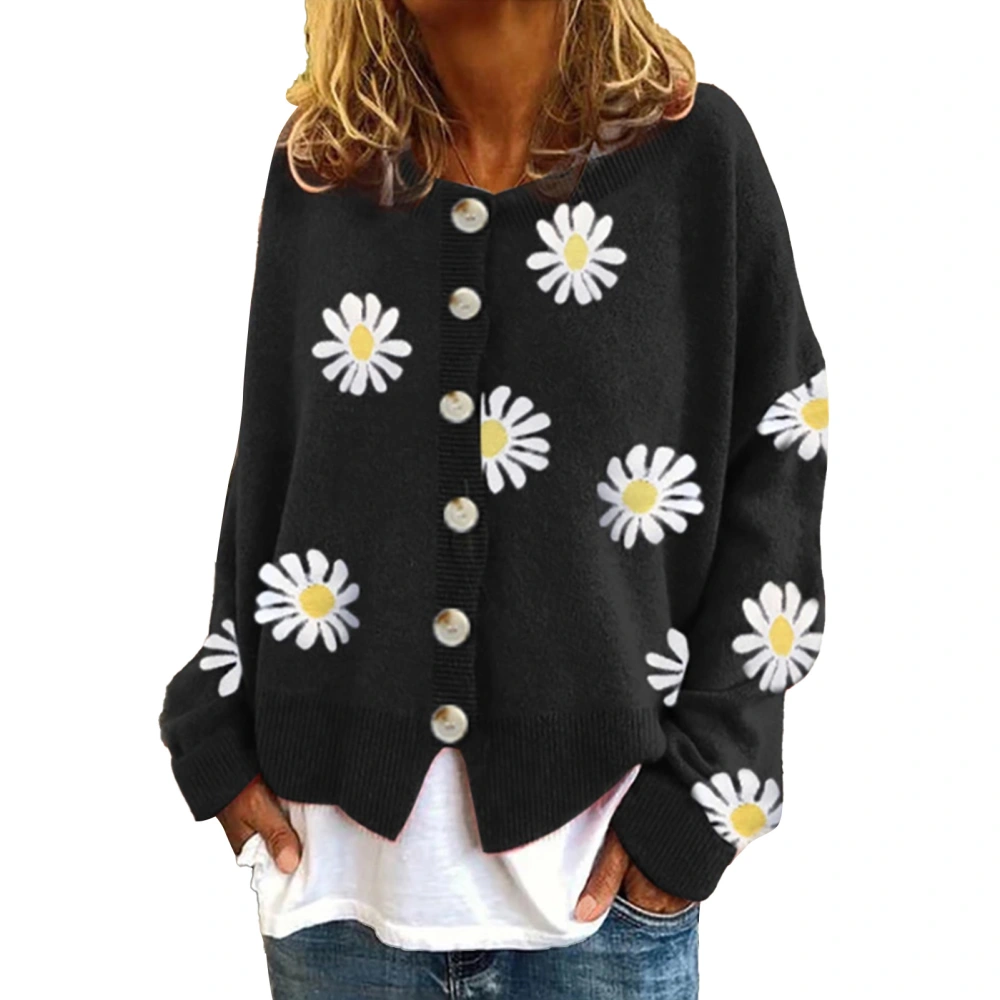 Women Knit Sweater Daisy Pattern Button Trim Round Neck Loose Fitting Pullover Sweater Black XL