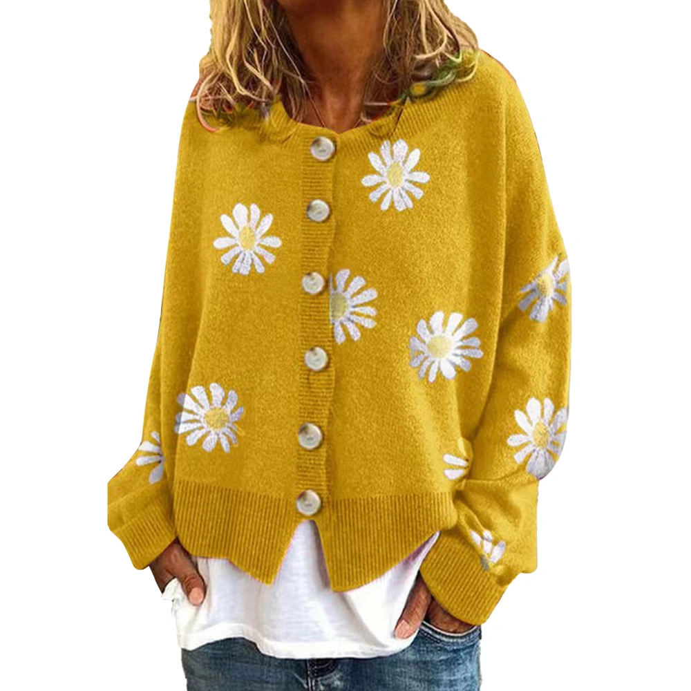 Women Knit Sweater Daisy Pattern Button Trim Round Neck Loose Fitting Pullover Sweater Yellow S