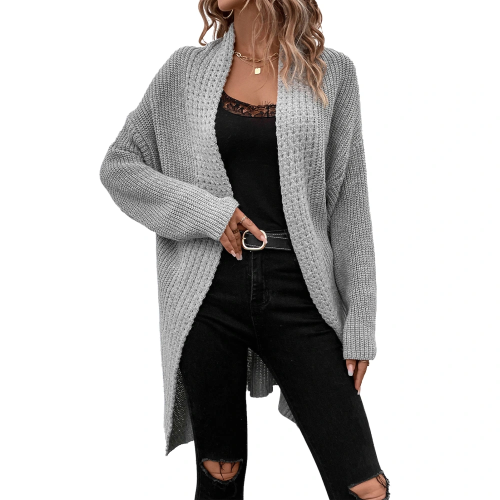 Open Front Long Outwear Drop Shoulder Plain Color Knitted Open Front Sweater Coat for Women Grey M