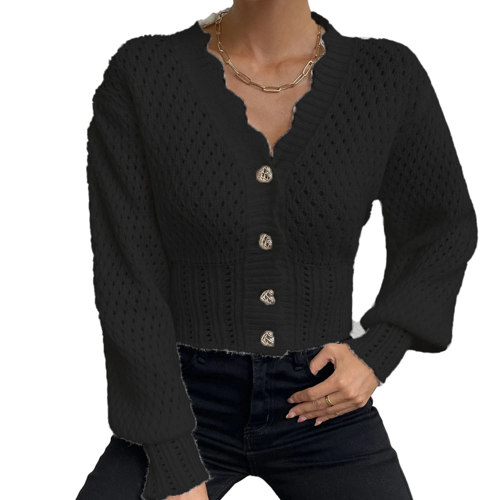 Women Knitted Short Coat Hollow Out V Neck Single Breasted Long Sleeves Sweater Jacket Black L