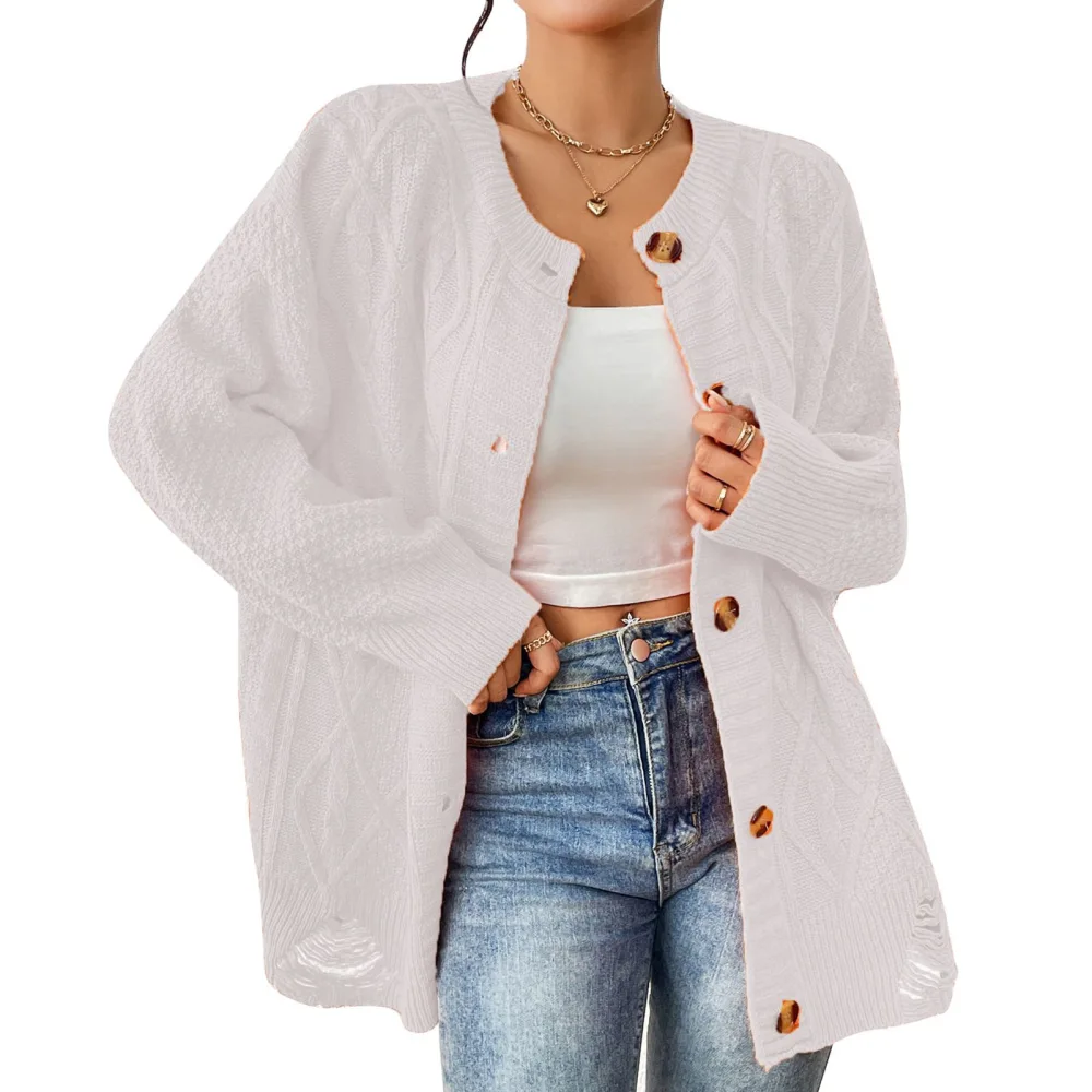 Women Open Front Sweater Button Down Casual Comfortable Knitwear Coat for Daily Dating Work School White L