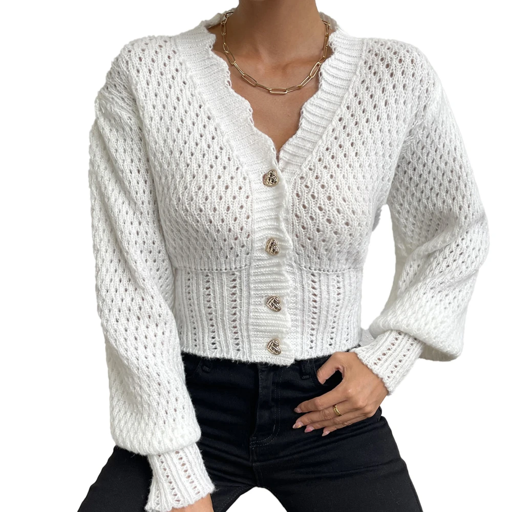 Women Knitted Short Coat Hollow Out V Neck Single Breasted Long Sleeves Sweater Jacket White M