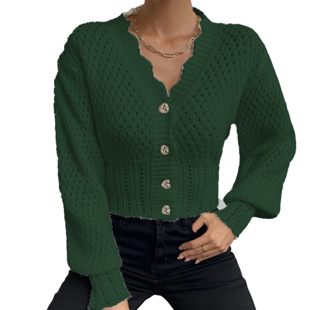 Women Knitted Short Coat Hollow Out V Neck Single Breasted Long Sleeves Sweater Jacket Green M