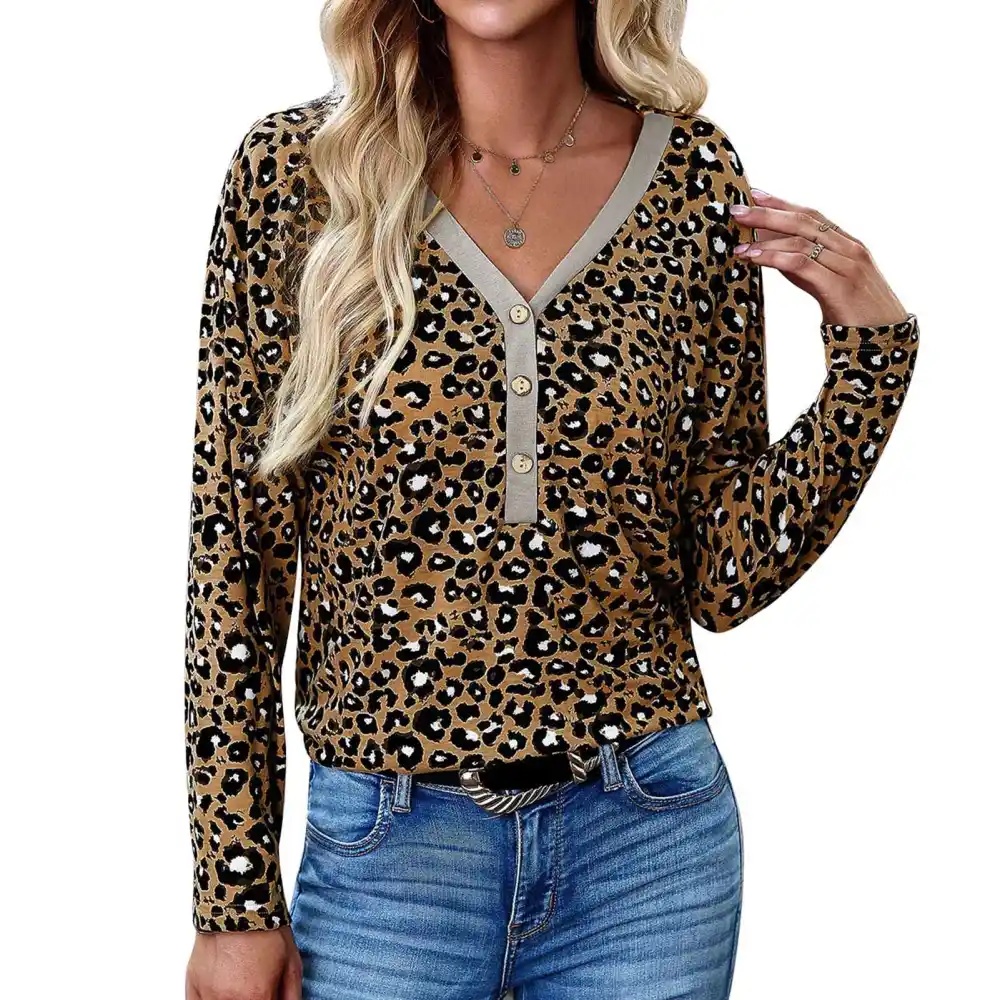 V Neckline Leopard Blouse Long Sleeve Fashionable Leopard Printed Knitted Blouse for Daily Life Brown S