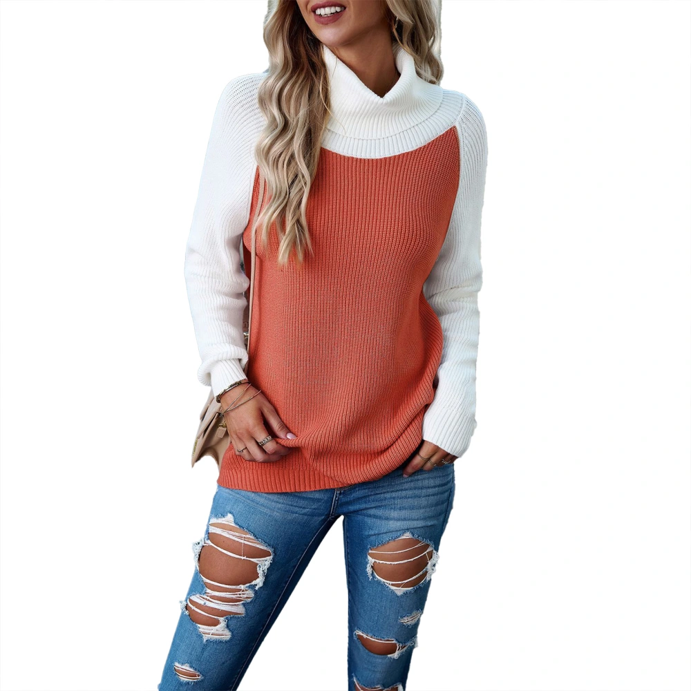 High Neck Color Block Sweater Long Sleeve Soft Casual Fitted Sweater Top for Women Orange M