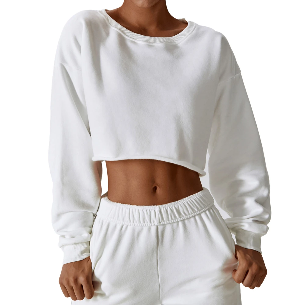 Women Fleece Sweatshirt Crew Neck Long Sleeve Loose Fit Navel Exposed Pullover Fall Top White M