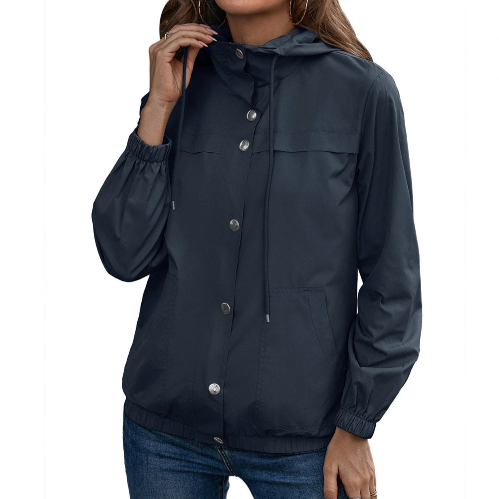 Women Hooded Full Zip Jacket Drawstring Long Sleeve Button Up Casual Full Zip Outerwear Purplish Blue XXL