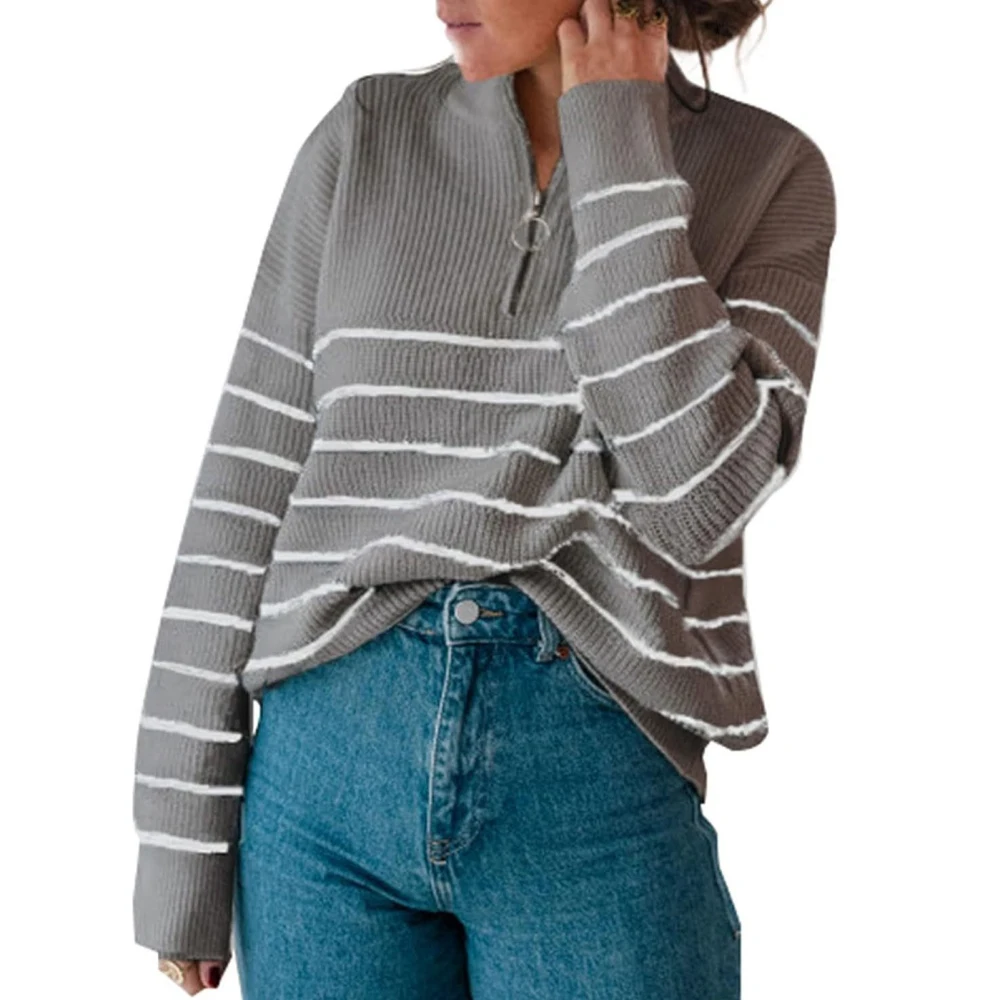 Women Striped Sweater Half Zip Up Stand Colar Long Sleeves Loose Fitting Casual Knitted Top Grey M