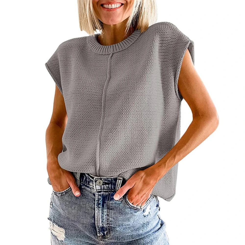 Sleeveless Round Neck Blouse Plain Color Loose Sleeveless Crewneck Blouse for Women Grey L