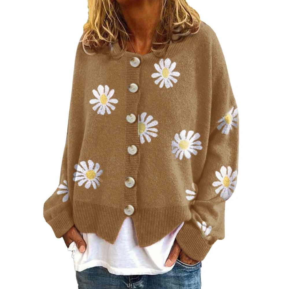 Women Knit Sweater Daisy Pattern Button Trim Round Neck Loose Fitting Pullover Sweater Khaki XL