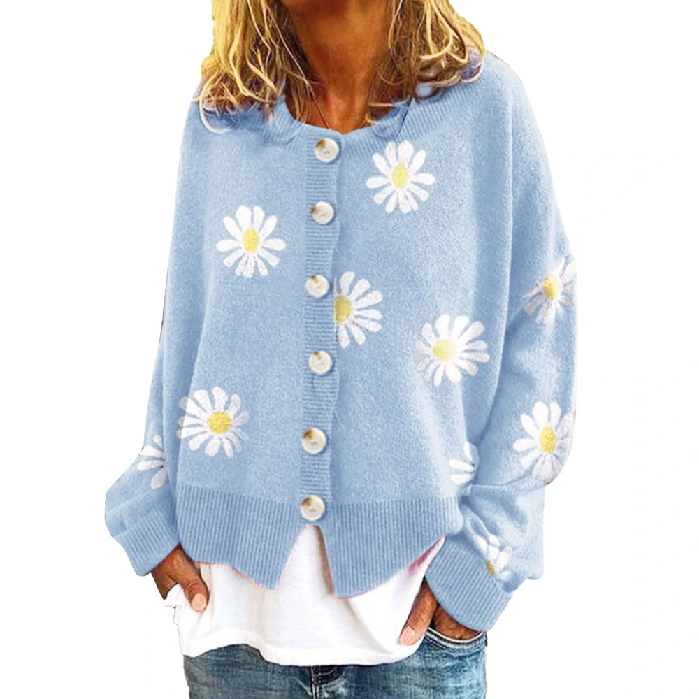 Women Knit Sweater Daisy Pattern Button Trim Round Neck Loose Fitting Pullover Sweater Sky Blue M