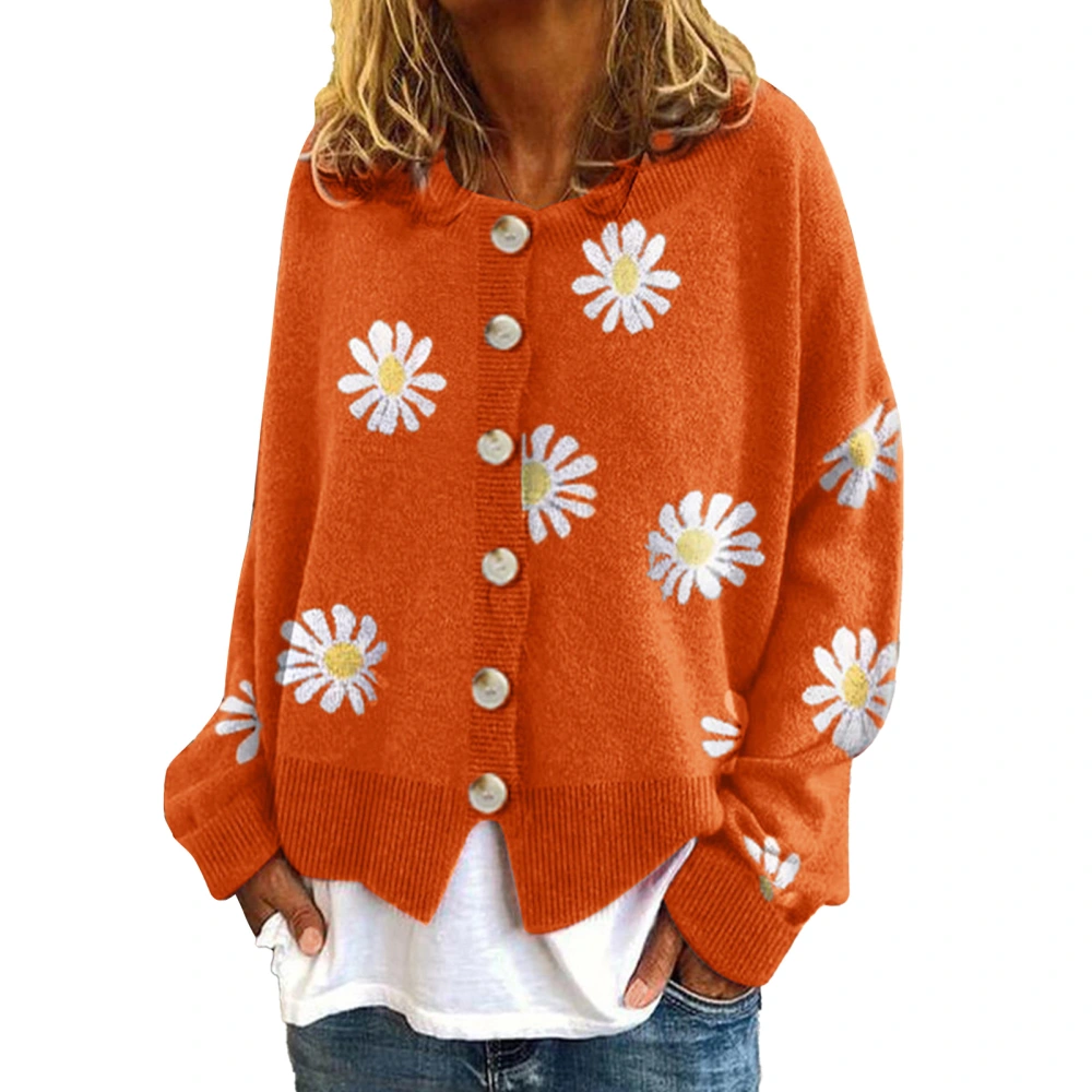 Women Knit Sweater Daisy Pattern Button Trim Round Neck Loose Fitting Pullover Sweater Orange S