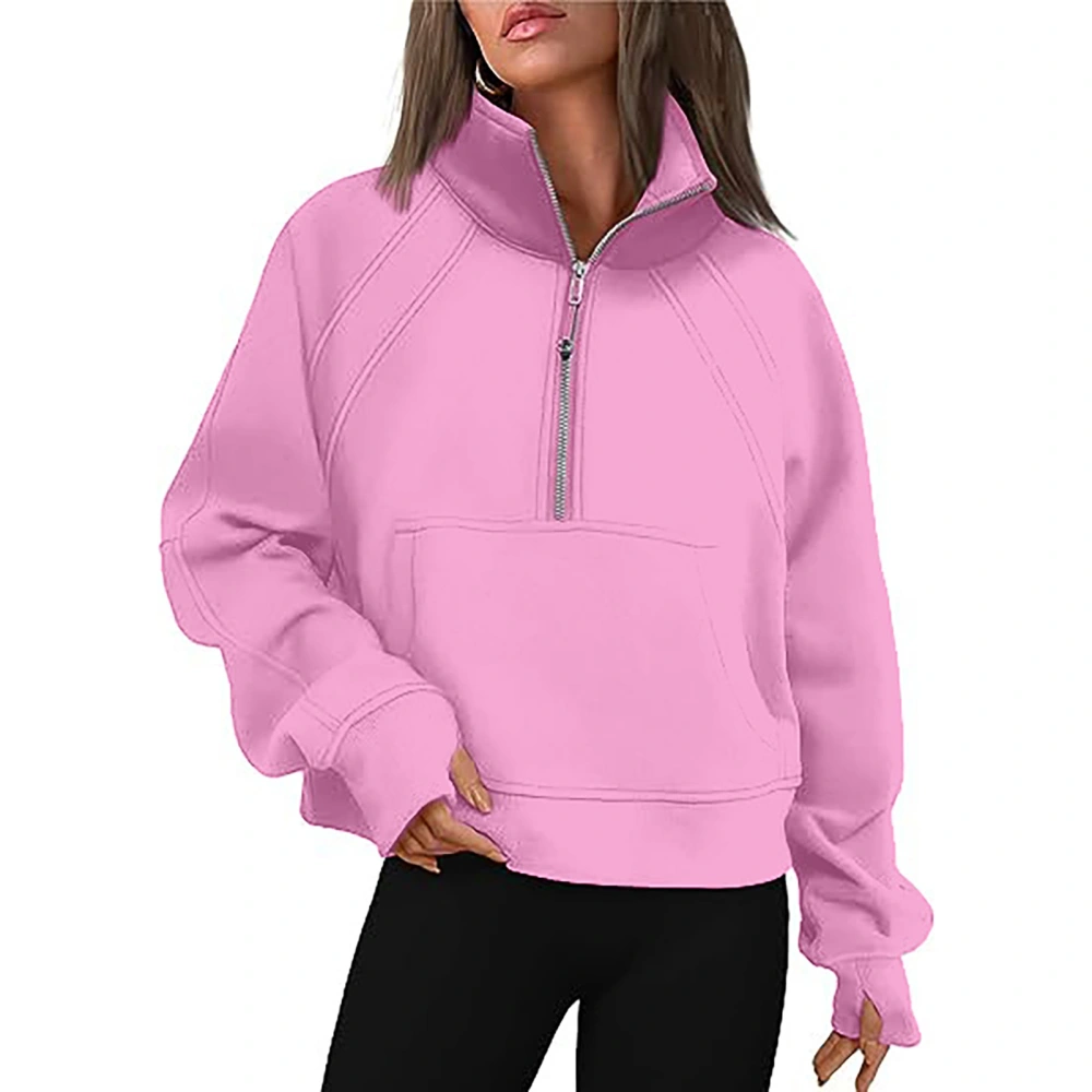 Women Long Sleeves Fleece Sweatshirt Stand Collar Half Zip Up Large Front Pocket Casual Short Pullover Top Pink M